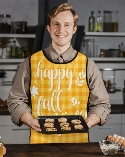 Vista 5 de Happy Fall Leaf Yall Cobbler Aprons with 2 Pockets for Women Men, Thanksgiving Autumn Orange Plaid Wheat