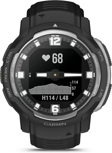 Vista 2 de Garmin Instinct Crossover, reloj inteligente híbrido resistente, manecillas analógicas y pantalla digital, color negro