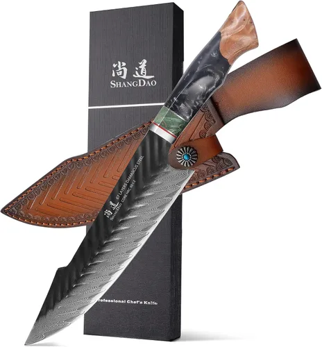 Vista 10 de SHANGDAO Cuchillo Utilitario de Damasco de 4.8 Pulgadas, Cuchillo para Frutas con Funda de Cuero, 67 Capas de Acero de Aleación para Pelar, Mango