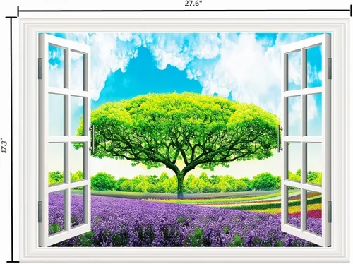 Vista 2 de Pintura autoadhesiva 3D, calcomanías de pared falsas para ventana, isla tropical con palmeras, mural de pared, vista de ventana, decoración de pared