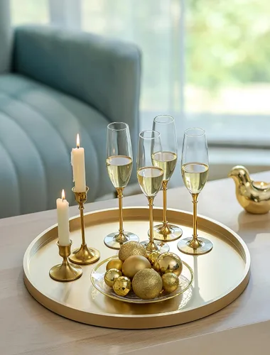 Vista 9 de Hanobe Bandeja otomana grande para servir: bandejas decorativas redondas doradas de 18 pulgadas para mesa de centro de mesa de centro de madera