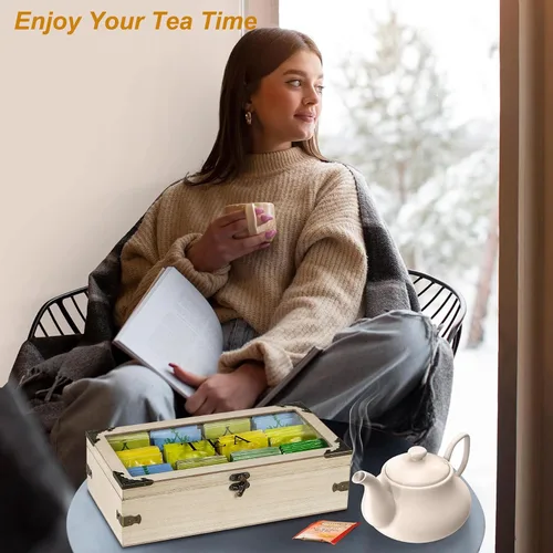 Vista 4 de Caja de té, organizador y almacenamiento de té de madera, 12 SMOKY
