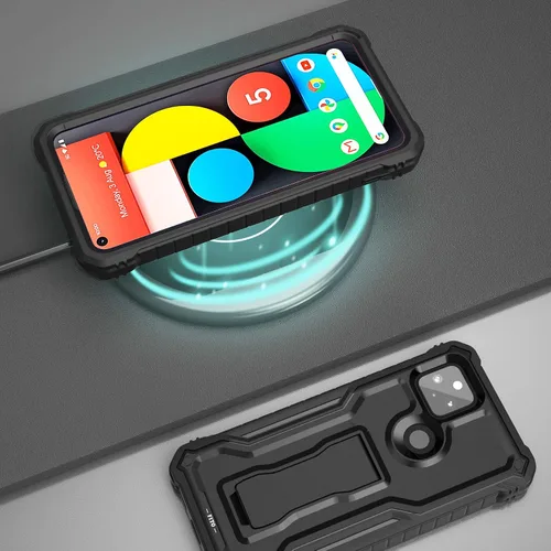Vista 6 de FITO Funda para Google Pixel 5A, funda resistente a prueba de golpes de doble capa con protector de pantalla, soporte integrado (negro)