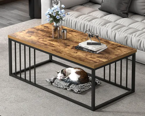 Vista 6 de FOLUBAN Mesa de café, moderna mesa de sala de estar de madera y metal, mesa de té rectangular industrial, marrón rústico, 43.3 pulgadas