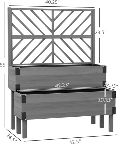 Vista 7 de Outsunny Cama de jardín elevada de 2 niveles con enrejado, maceta elevada de madera con agujeros de drenaje, forros, esquinas de metal, maceta