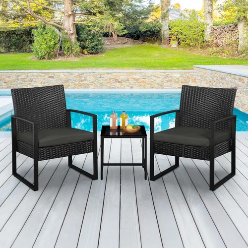 Vista 3 de YAHEETECH - muebles de patio conjuntos para interior o al aire libre. de mimbre moderno, juego de mesa auxiliar bistró, 3 piezas Negro /Gris