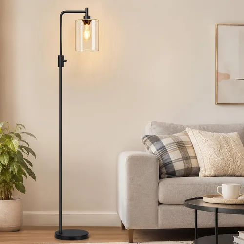 Vista 24 de 【Actualizada】Lámpara de pie regulable para sala de estar con pantalla de vidrio, lámpara de pie industrial moderna negra con bombilla LED de 900LM