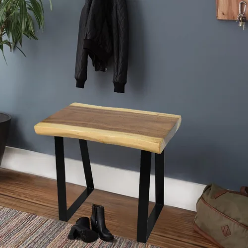 Vista 3 de Banco rectangular de madera natural, taburetes de entrada de madera maciza de 20 x 13 x 18 pulgadas de alto, mesa auxiliar rústica con borde vivo