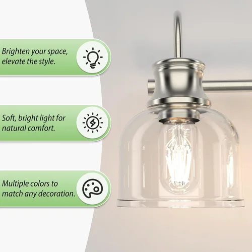 Vista 3 de Lámpara de tocador de baño de 3 luces, níquel cepillado, tradicional, clásica, con vidrio transparente, accesorios de iluminación de baño sobre