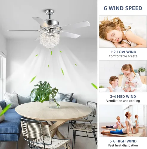 Vista 4 de Ventilador de techo de cristal con luces, ventilador de candelabro moderno con control remoto, ventilador de techo cromado reversible, lámpara