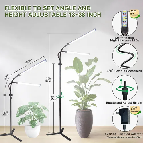 Vista 2 de Luces de cultivo profesionales para plantas de interior, espectro completo 2026 Upgrade,162 LEDs, Height Adjustable 13-38", 3 Spectrum Modes,10