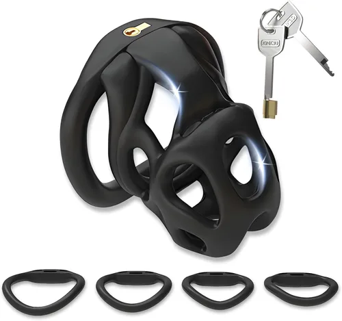 Vista 11 de Jaula de castidad masculina – Jaula de pene con cerradura invisible empotrada con 4 anillos de diferentes tamaños y 2 llaves, juguetes sexuales