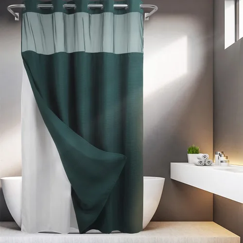 Vista 27 de Cortina de baño River Dream de gran peso sin ganchos necesarios con diseño de gofre punteado y forro a presión - 36W x 74H, de calidad hotelera