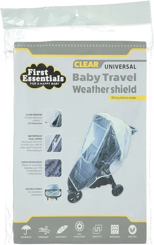 Vista 7 de First Essentials Funda de lluvia universal para cochecito, protector contra el clima de viaje para bebé, resistente al viento, impermeable, protege