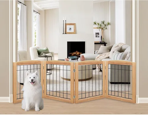 Vista 16 de LZRS Puerta plegable independiente de madera para perros de 2 paneles, madera maciza y alambre de acero, barrera para mascotas resistente a