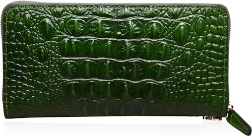 Vista 4 de PIJUSHI Billetera de piel de cocodrilo para mujer, bolso de mano, 1058 Croco Verde