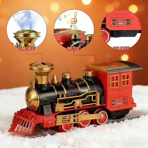 Vista 5 de Juegos de trenes navideños para alrededor del árbol, juego de tren eléctrico para niños de 4 a 8 años con sonidos, luces y humo, juego de tren