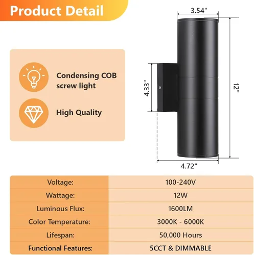 Vista 7 de DAKAFUL 5CCT - Luces de pared regulables para exteriores, paquete de 2 unidades, 3000 K, 5000 K, 6000 K, cilindro LED integrado, luz de aluminio