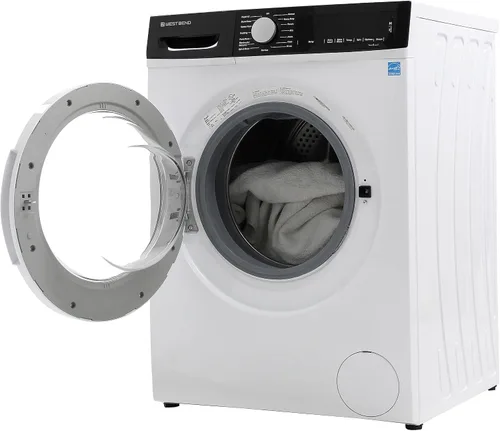 Vista 2 de Lavadora compacta West Bend de carga frontal con 15 ciclos de lavado, pantalla LED, puerta transparente, diseño apilable y que ahorra espacio
