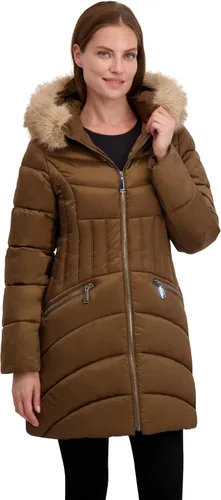 Vista 24 de Laundry by Shelli Segal womens Quilted Puffer Coat with Faux Fur-Trimmed Hood & Fit-and-Flare Waist Hueso
