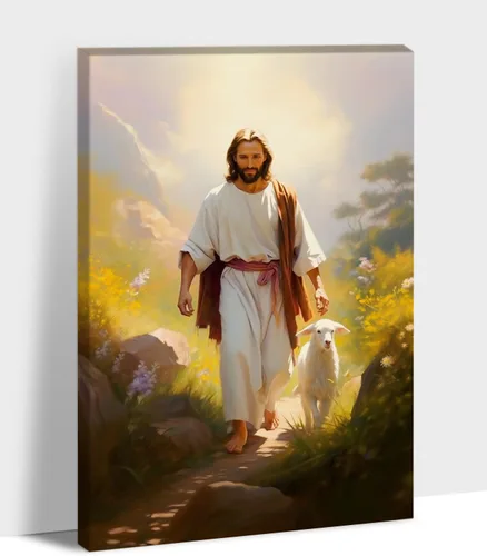 Vista 13 de Arte de pared en lienzo de Jesús y Cordero, Arte de pared en lienzo de Jesús abrazando a un cordero fangoso, Arte de pared cristiano para decoración