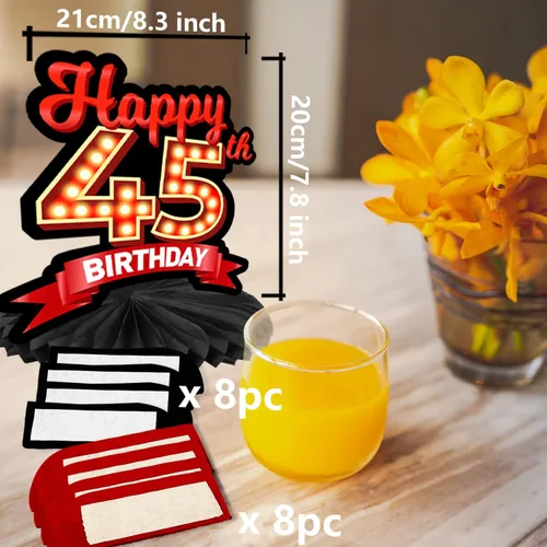 Vista 3 de Feliz 45 cumpleaños rojo y negro centros de mesa de panal de abeja decoraciones de globos decoración de mesa centros de mesa para niñas mujeres