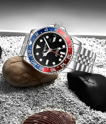Vista 6 de Stuhrling Original Pulsera Jubilee de acero inoxidable para hombre, reloj GMT de cuarzo, doble hora, fecha rápida con corona de tornillo, resistente