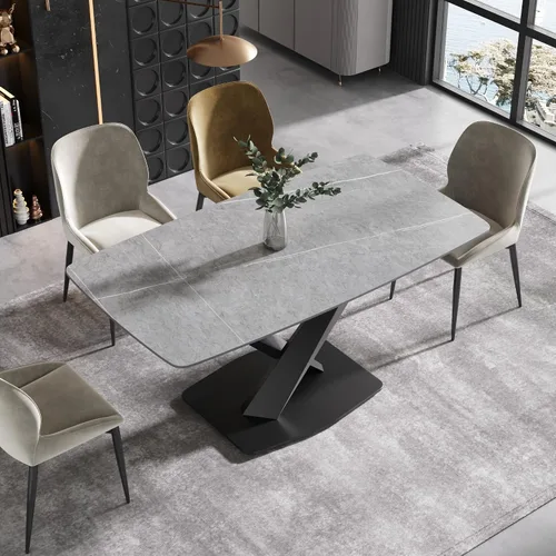 Vista 12 de Mesa de comedor moderna, mesa de comedor de piedra sinterizada blanca antigua con base de acero al carbono sólido en forma de X, mesa de comedor