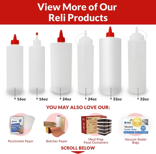 Vista 6 de Reli. Botellas de plástico para apretar, 24 onzas, paquete de 8, botellas exprimibles de condimentos para salsas, color blanco con tapa giratoria