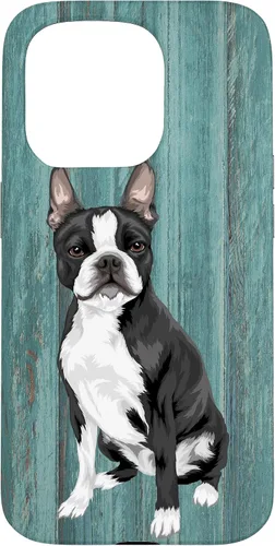 Vista 14 de Boston Terrier Faux Blue Wood Background Case for iPhone 17