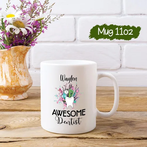 Vista 5 de Taza de cerámica personalizada para dentista impresionante – Taza de café para dentista para hijo, hija – Nombre personalizado Higienista Dental