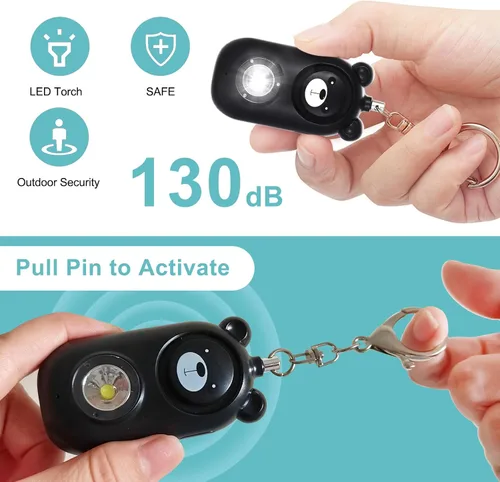 Vista 4 de Llavero de alarma de seguridad personal con luz LED, alerta de emergencia de 130 dB, diseño de oso recargable para mujeres, niños y niñas