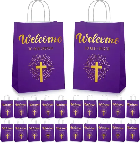 Vista 8 de Chuangdi 50 bolsas de regalo de bienvenida a la iglesia, bolsas de papel cristiano con asas para invitados, día de la madre, baby shower, Azul
