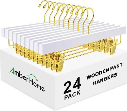 Vista 9 de Amber Home Paquete de 10 perchas de madera blanca para pantalones con 2 clips ajustables para jeans, pantalones cortos