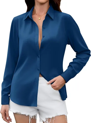 Vista 10 de Camisas Premium de Seda Satinada Suave y Transpirable con Botones para Mujer, Blusas de Manga Larga, Tops de Trabajo Casuales