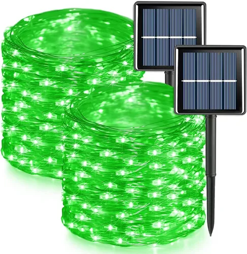 Vista 15 de QITONG Luces solares de Navidad multicolor para exteriores, paquete de 2 unidades de 200 luces LED solares de 66 pies cada uno, alambre plateado