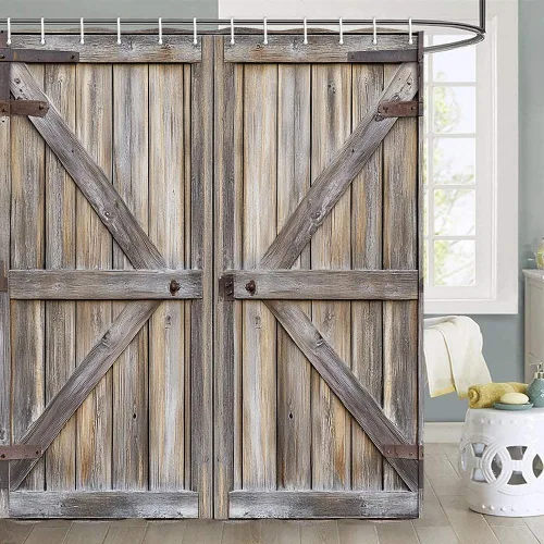 Vista 14 de JAWO Cortina de ducha rústica para puerta de granero, estilo occidental, para baño, tablero de madera marrón, tela impermeable de poliéster