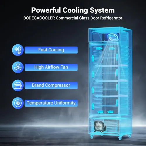Vista 6 de Refrigerador y enfriador de bebidas comercial BODEGA BODEGACOOLER, refrigerador comercial para mercancía con luz LED suave, estantes ajustables
