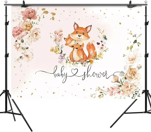 Vista 5 de Telón de fondo para baby shower de zorro para niñas, flores de fotografía con texto en inglés "It's a Girl", fondos de fotografía de animales