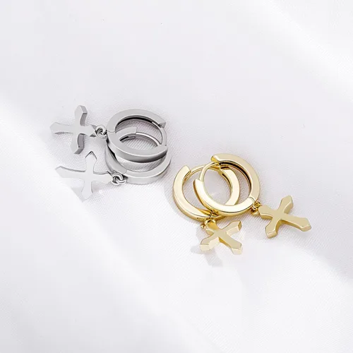 Vista 4 de JINAO Aretes de aro de cruz chapados en oro de 14 quilates, aretes de cruz clásicos para hombres y mujeres, aretes de cruz de circonita cúbica
