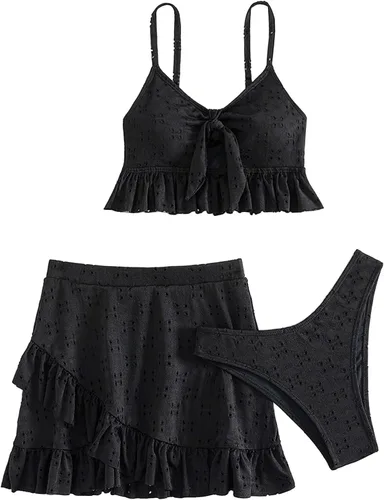 Vista 6 de FlatterMe Conjuntos de tankinis para mujer, traje de baño de bikini con nudo frontal y dobladillo con volantes