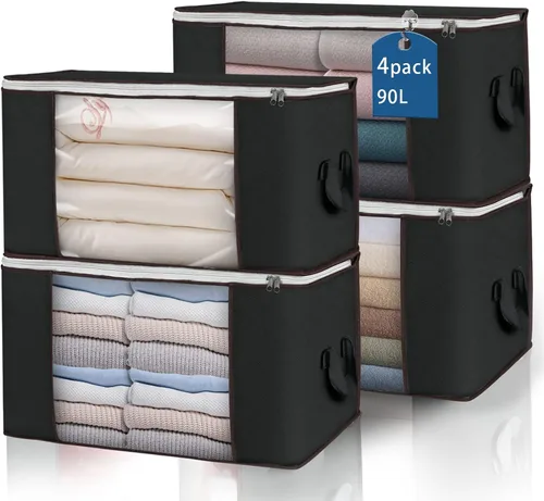 Vista 20 de Bolsas de almacenamiento grandes de 90 L, paquete de 4 contenedores de almacenamiento de ropa plegables, organizadores de armario, contenedores