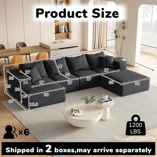 Vista 3 de Sofá de nube de gran tamaño de 132 pulgadas, sofá modular tapizado con 6 almohadas, sofás de felpilla de asiento profundo para sala de estar Negro