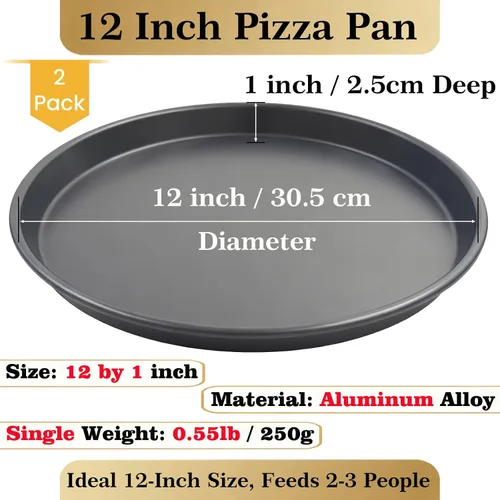 Vista 2 de Sartén de pizza de 12 pulgadas para horno, 2 unidades, bandeja redonda de aluminio antiadherente de 1 pulgada de profundidad para hornear pizza