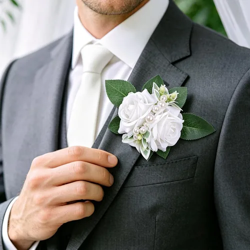 Vista 5 de Boutonnieres blancos marfil para hombres, 6 piezas, rosas 6 piezas Boutonnieres blanco #2