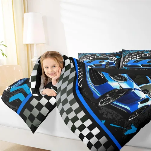 Vista 7 de Feelyou Juego de edredón azul de carreras para niños, juego de ropa de cama de coche deportivo para niños y niños, edredón deportivo geométrico a