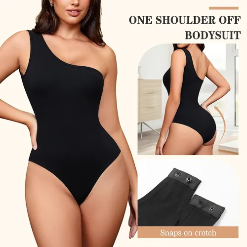 Vista 2 de Irisnaya Body de un hombro descubierto para mujer, sin mangas, liso, ajustado, leotardo de una pieza, ropa de club