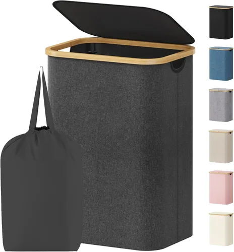 Vista 21 de Lifewit Cesta de lavandería de 80 litros con tapa, cestas de ropa para lavandería con asas de bambú y una bolsa de lavandería extraíble, cesta