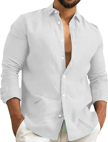 Vista 13 de Camisa de algodón y lino para hombre, manga larga, cuello liso, con botones, camiseta casual para playa y verano AG