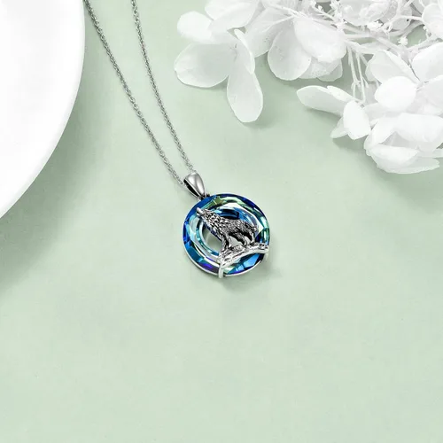 Vista 3 de YFN Collar de lobo para hombres y mujeres, plata de ley, ópalo luna, lobo joyería de cumpleaños para amantes del lobo de 18 + 2 pulgadas, Plata